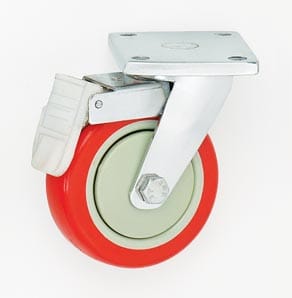 Red Polyurethane wheel fitted to Stainless Steel Single wheel Swivel Castor with Brake